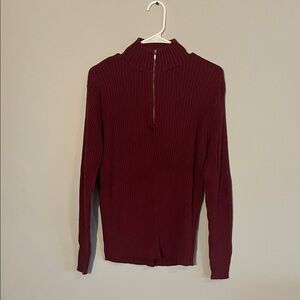Women Large Ribbed Quarter Zip-Up Sweater in Burgundy